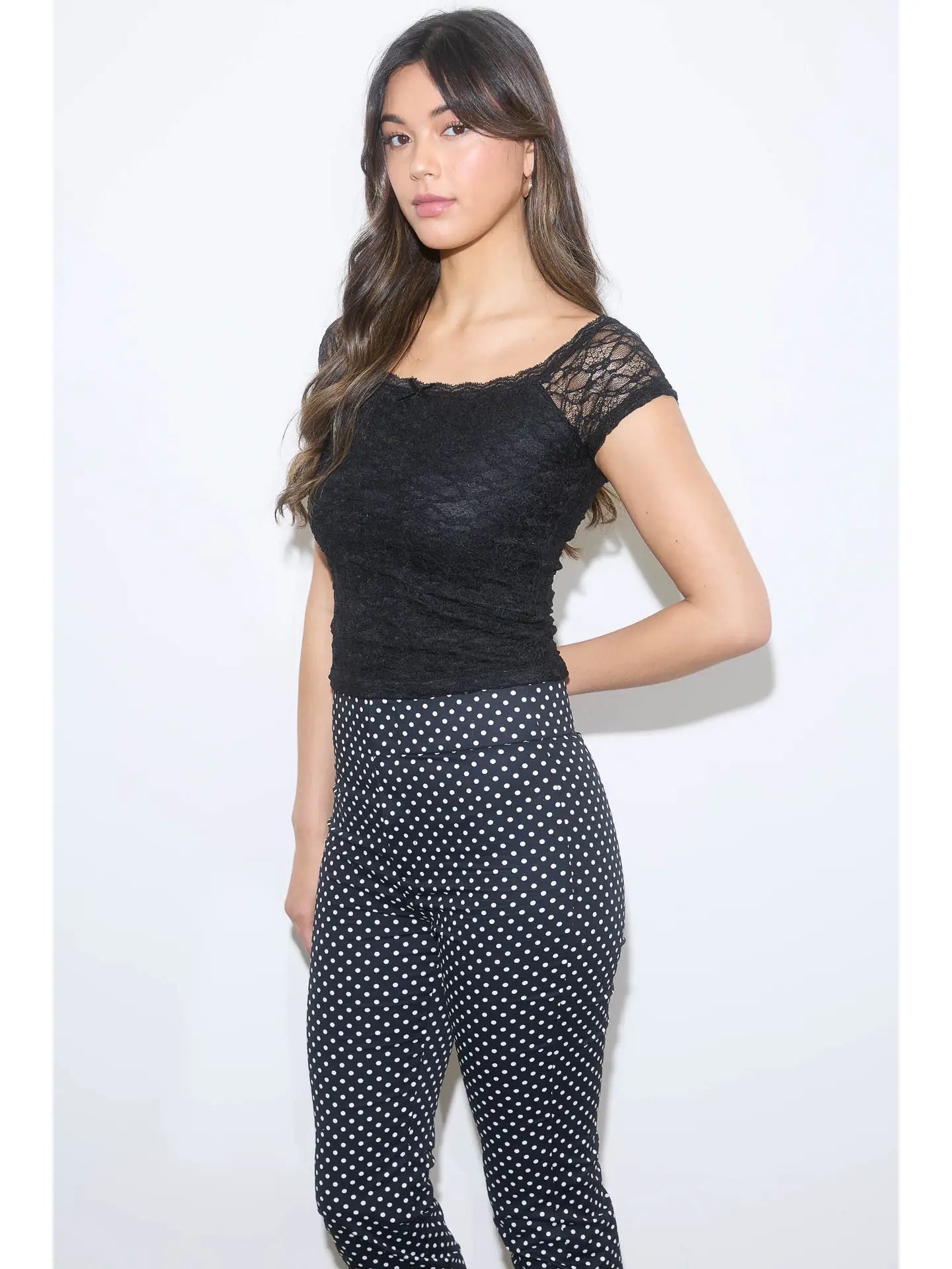 Lace Front Bow Detail Short Sleeve Knit Top