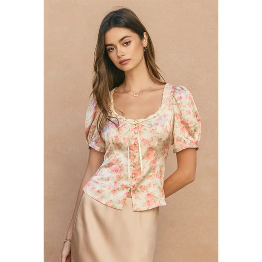 Wildflower Waltz Balloon Short Sleeves Blouse