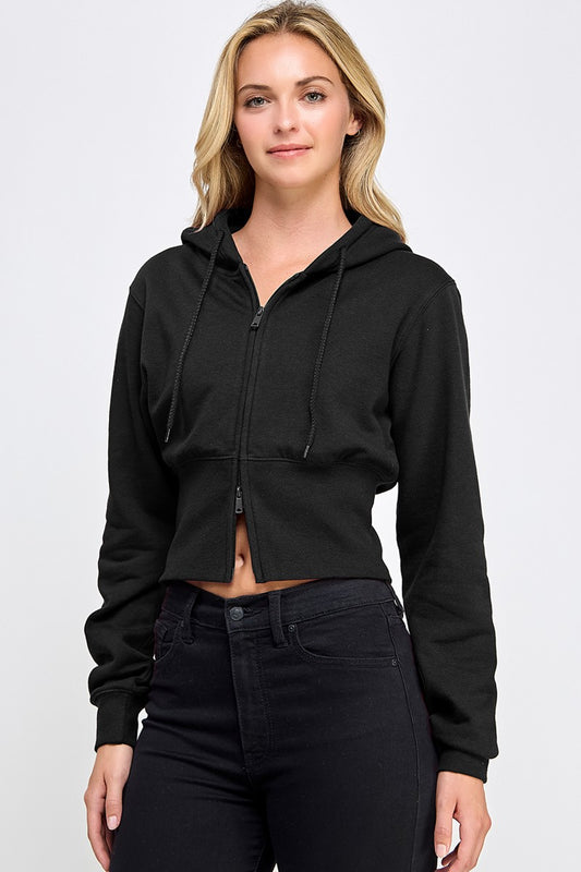 Fleece Relax Fit Cropped Two Way Zip Up Hoodie