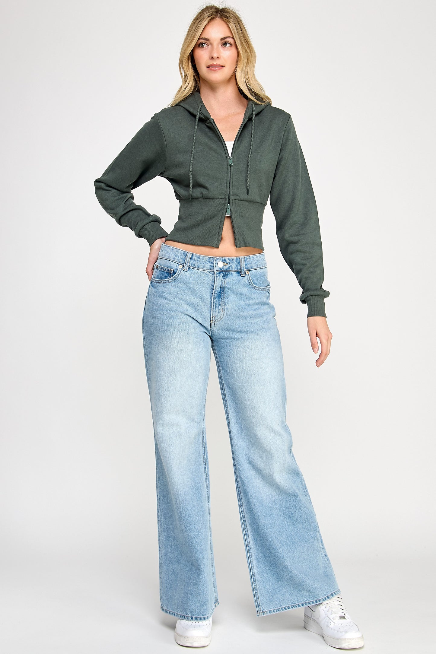 Fleece Relax Fit Cropped Two Way Zip Up Hoodie