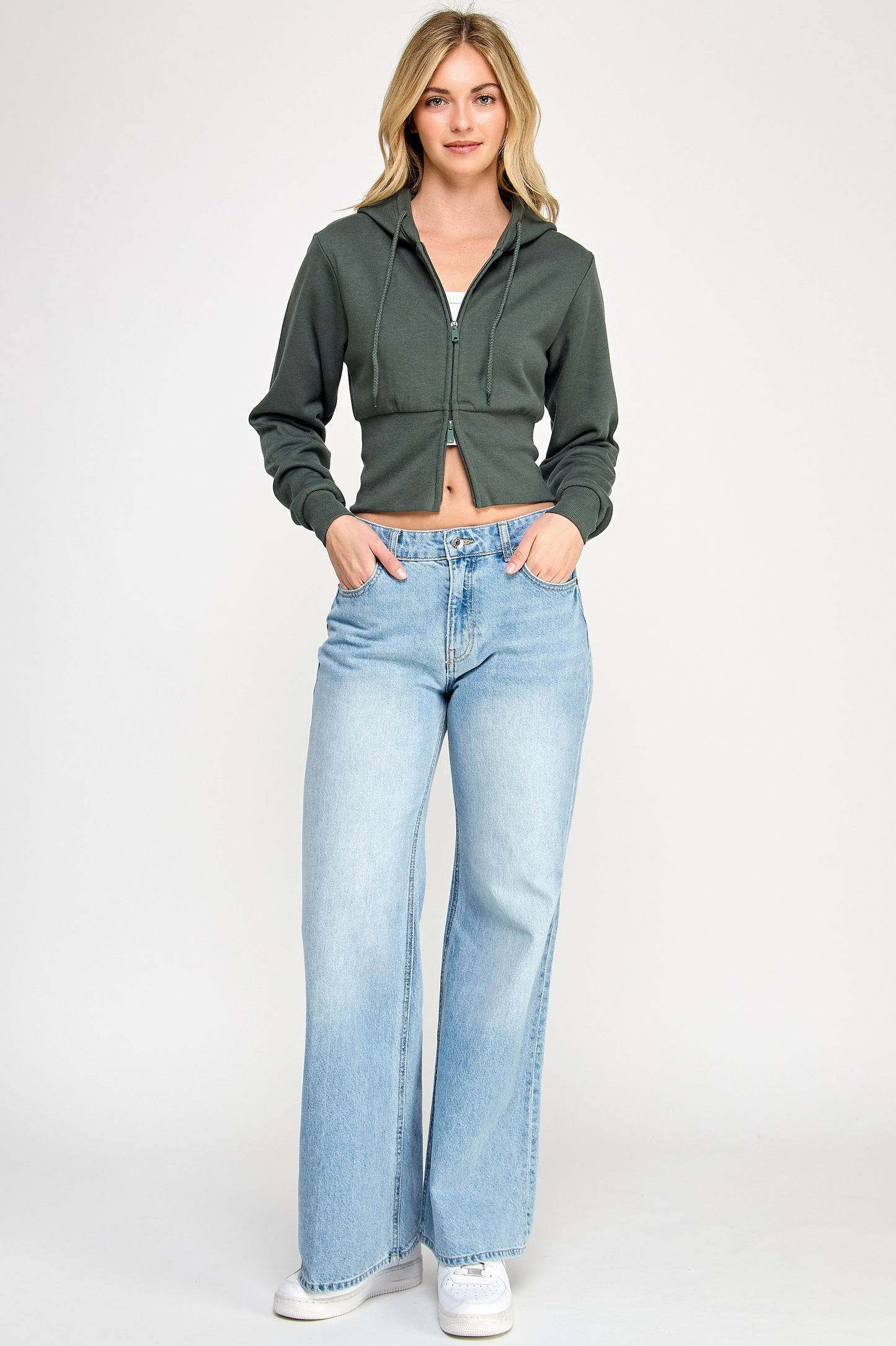 Fleece Relax Fit Cropped Two Way Zip Up Hoodie