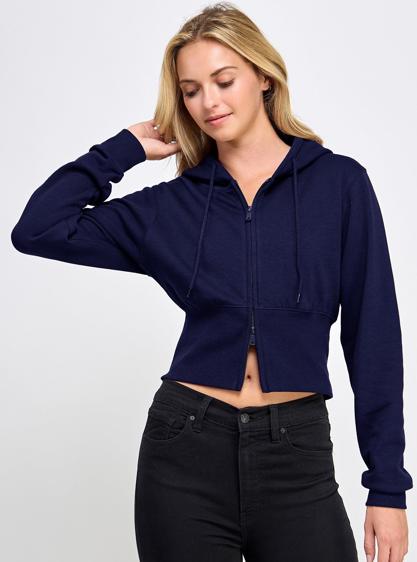 Fleece Relax Fit Cropped Two Way Zip Up Hoodie