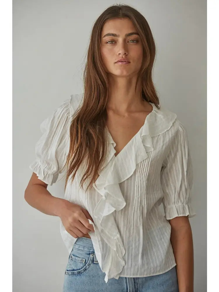 Katie Woven Cotton Button Down V-Neck Top