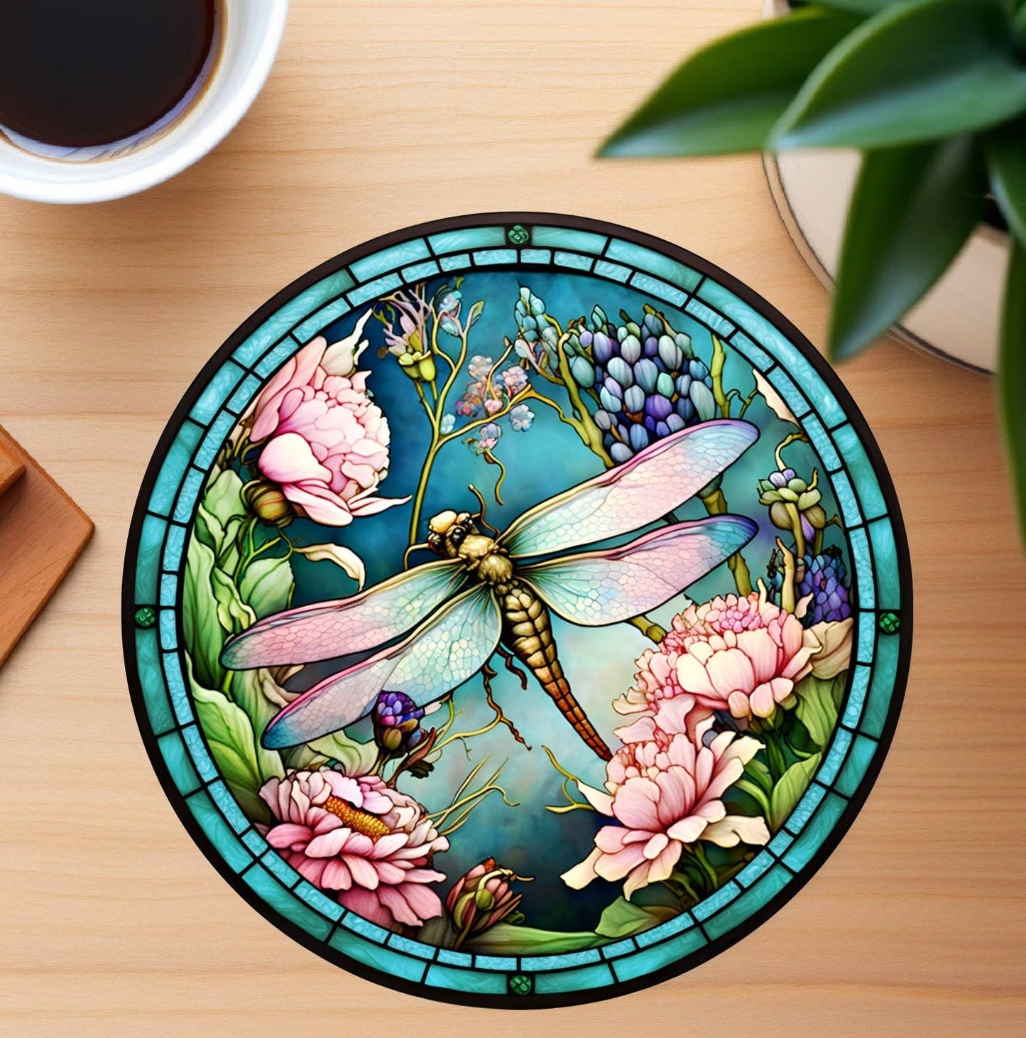 Dragonfly Coaster with Pink Flower for Coffee Table Decor: 3.6 Inch Glossy
