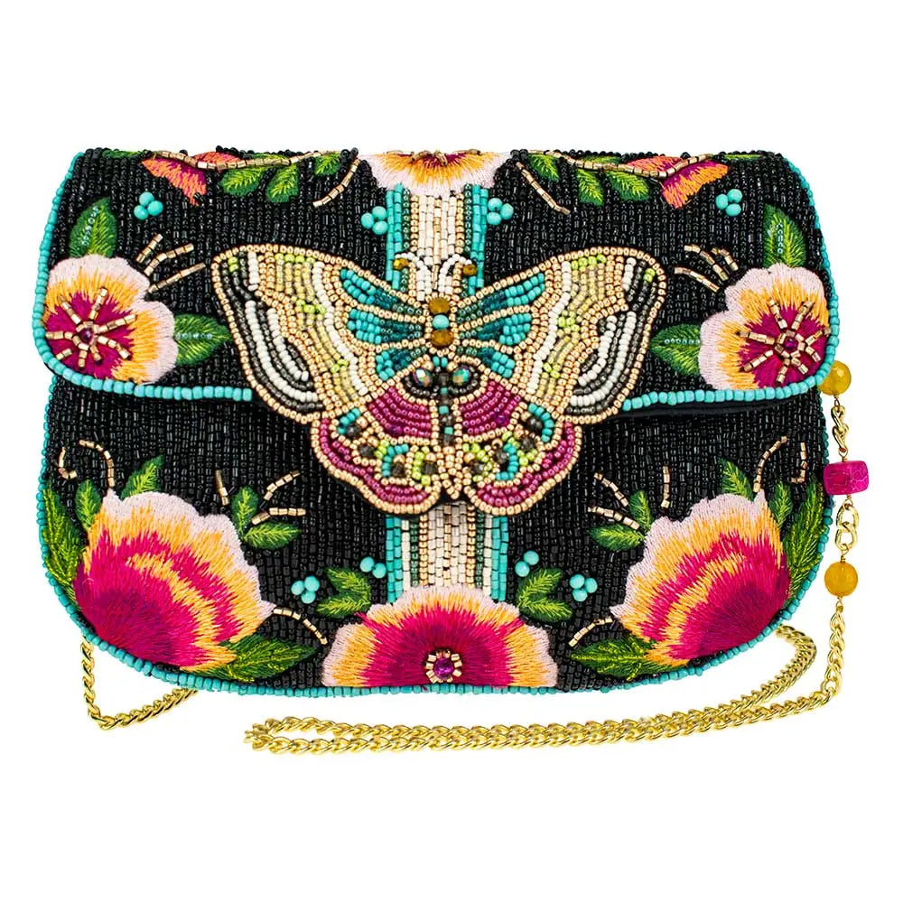 Dream Chaser Black Beaded Butterfly Crossbody Clutch Handbag