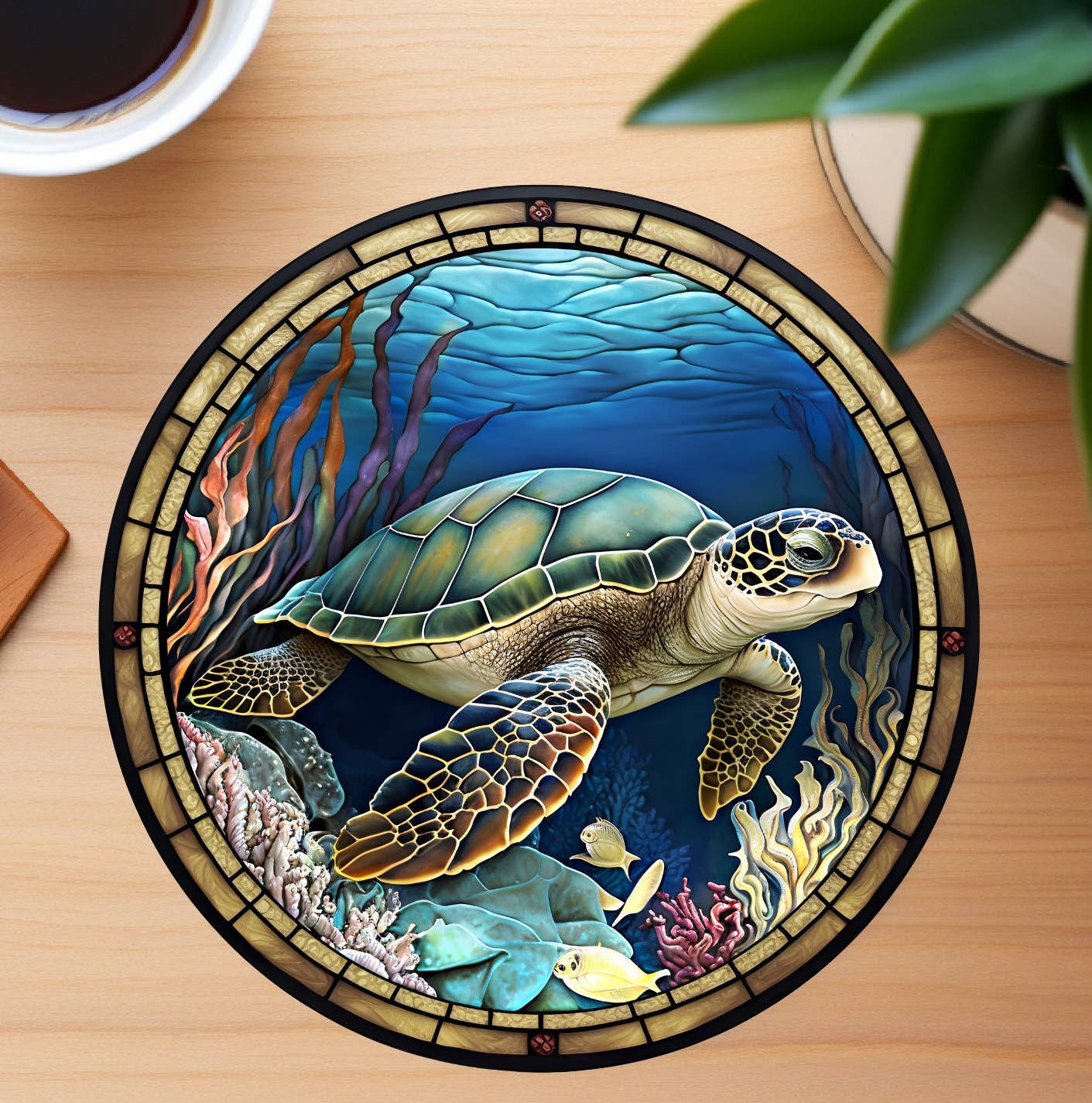 Sea Turtle Ceramic Coaster with Stained Glass Design: 3.6 Inch Glossy