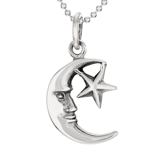Crescent Moon Face and Star Necklace