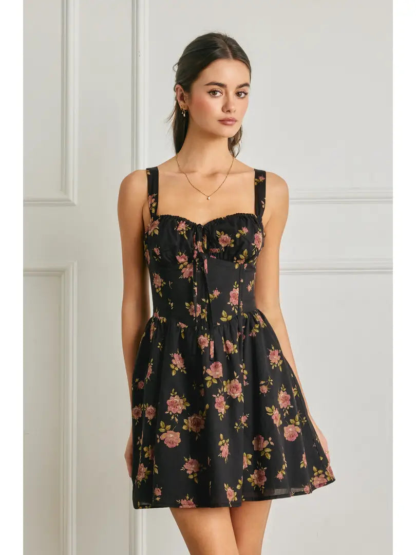 Floral Sweetheart Corset Dipped Waist Mini Dress