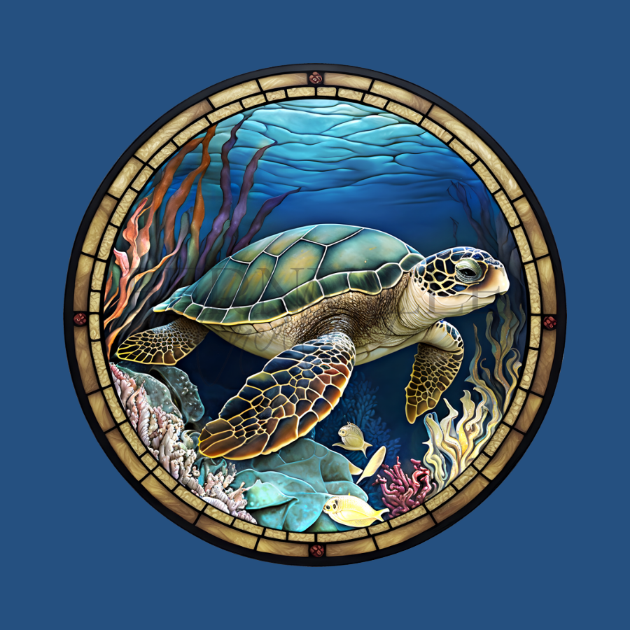 Sea Turtle Ceramic Coaster with Stained Glass Design: 3.6 Inch Glossy