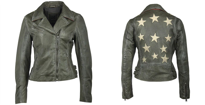 Christy RF Star Detail Leather Jacket - Olive