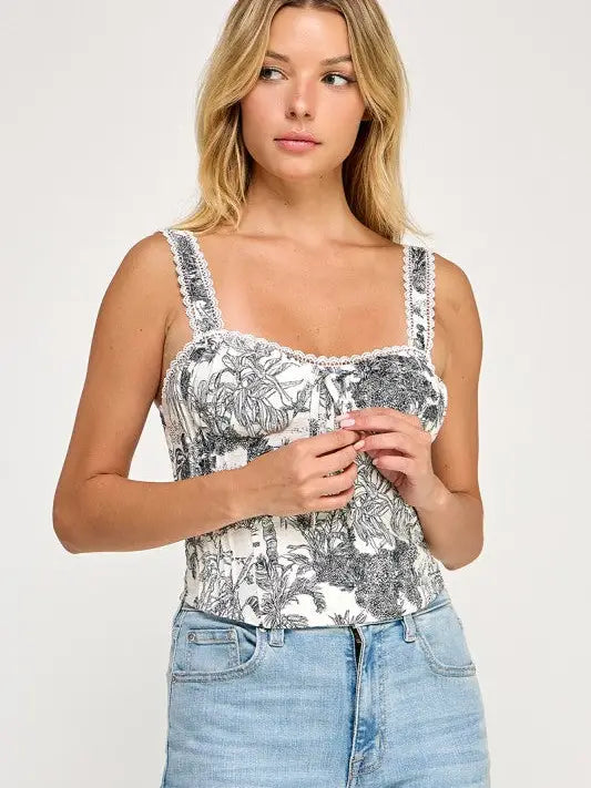 Lace Trim Floral Corset Top (T5304-2)