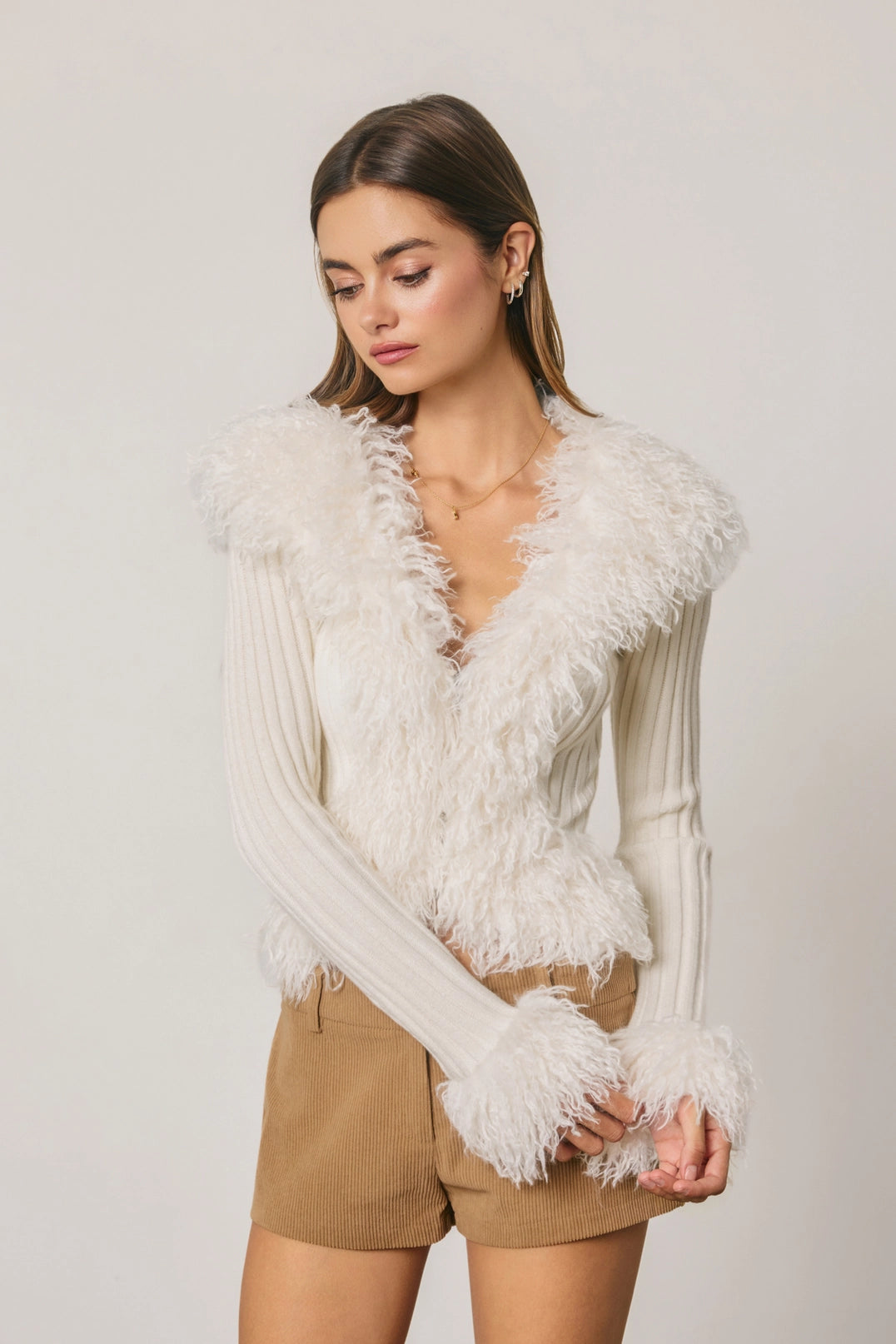 Faux Fur Trim Zip Up Knit Cardigan