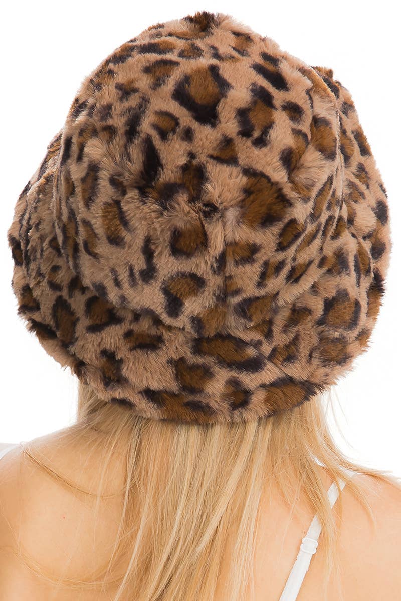 Leopard Print Fuzzy Faux Fur Fluffy Bucket Hat