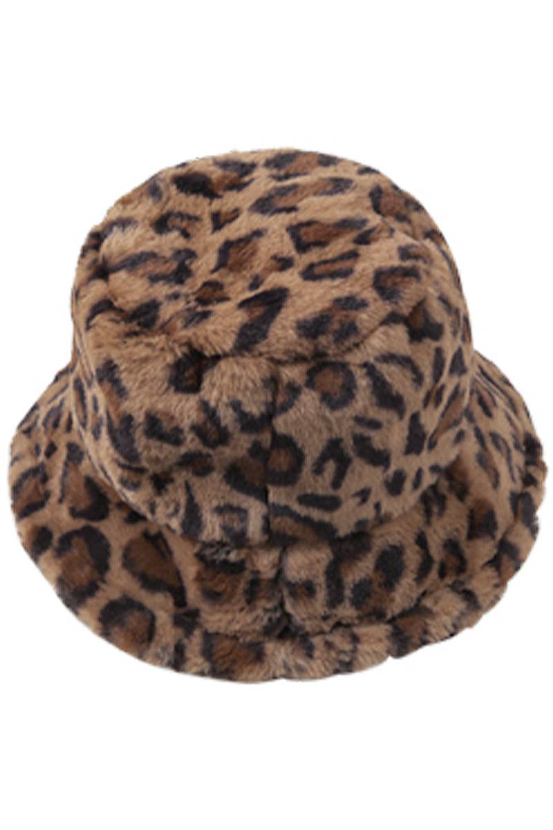 Leopard Print Fuzzy Faux Fur Fluffy Bucket Hat