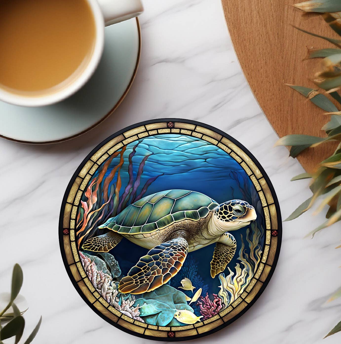 Sea Turtle Ceramic Coaster with Stained Glass Design: 3.6 Inch Glossy