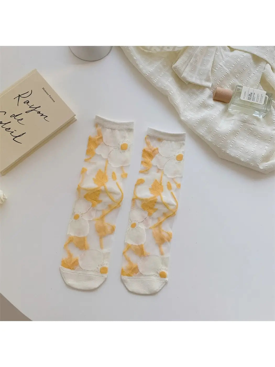 Rufia - Sheer Garden Flower Embroidered Crew Socks
