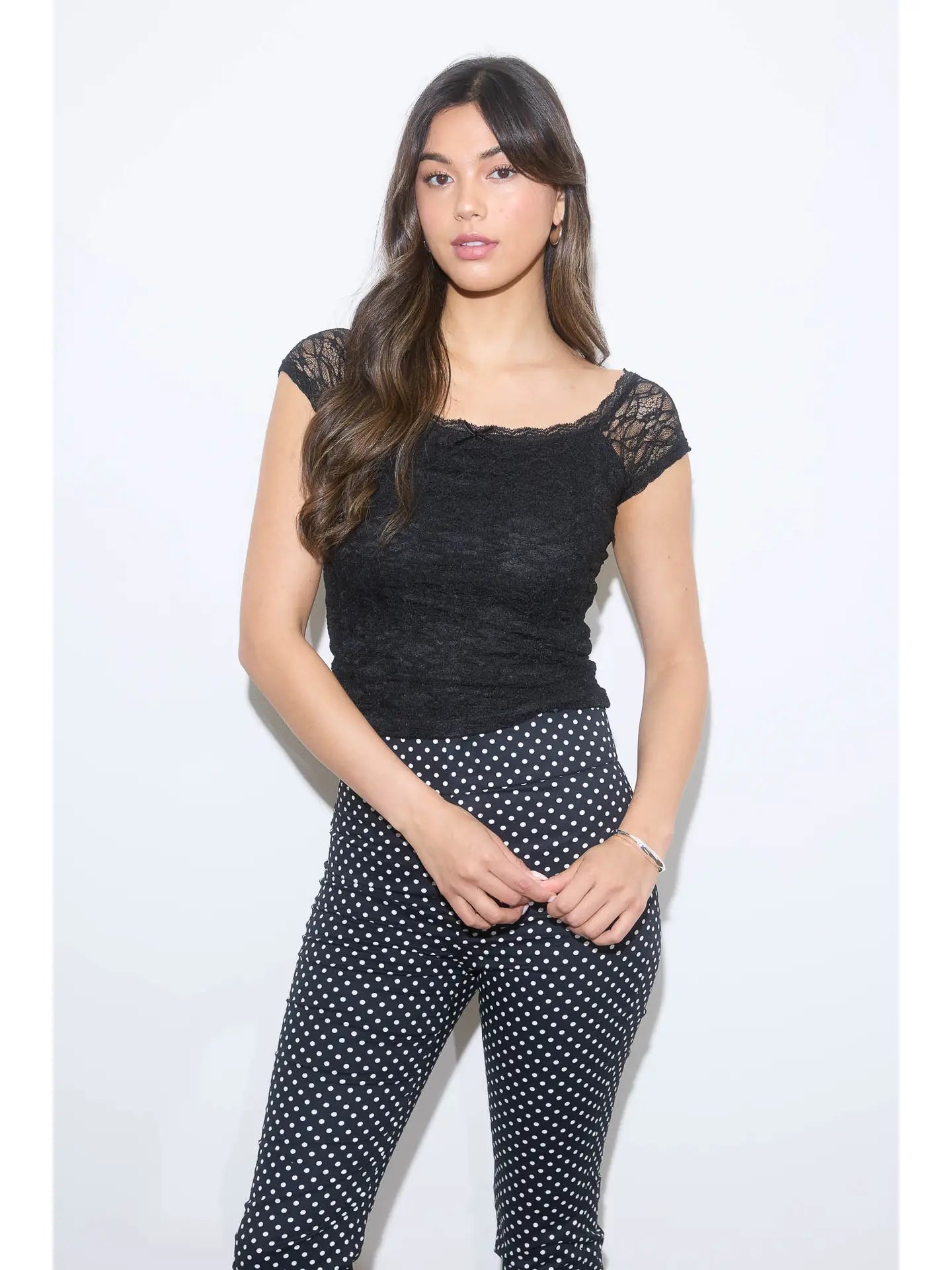 Lace Front Bow Detail Short Sleeve Knit Top