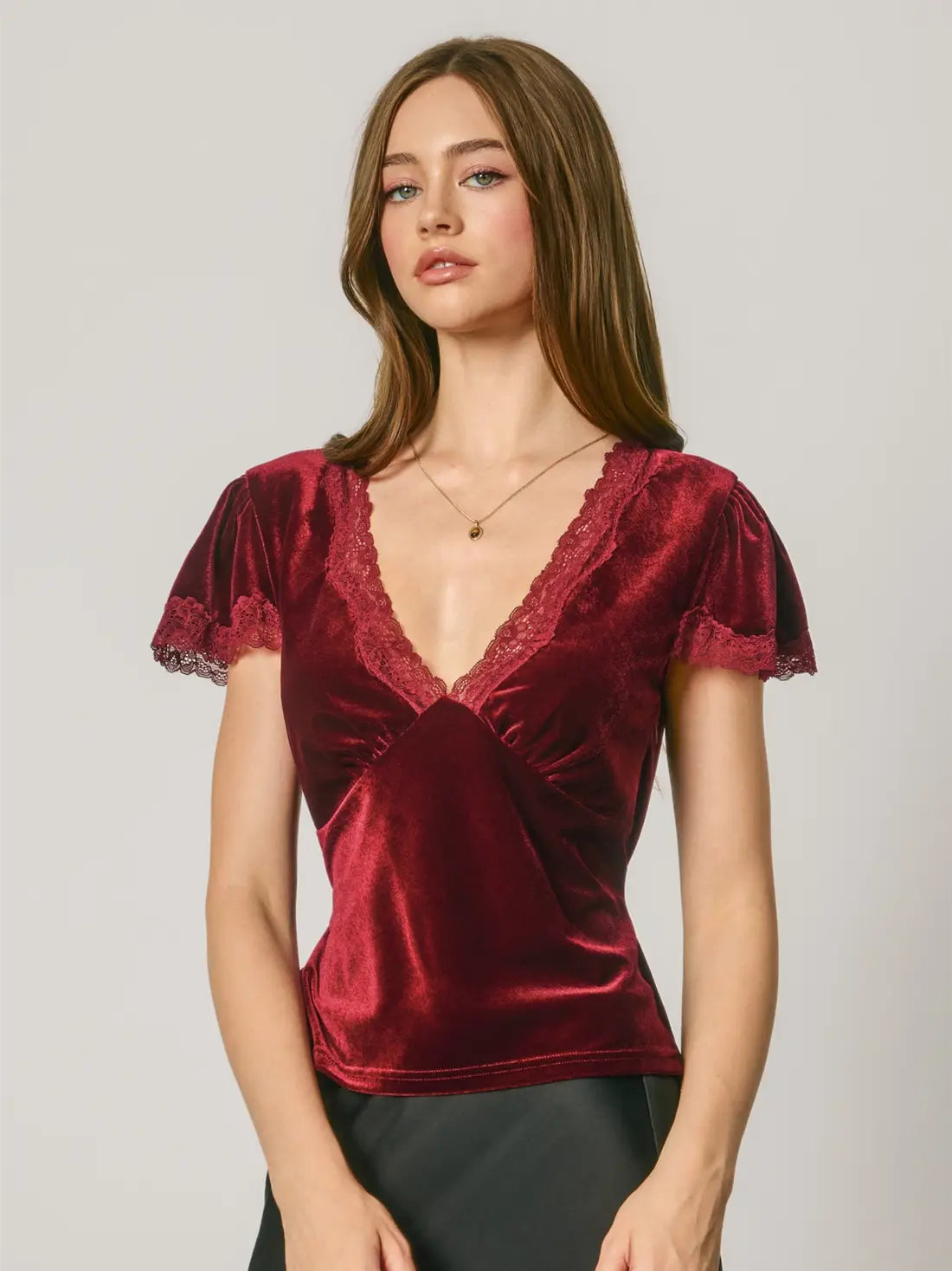 Velvet Lace Trim Short Sleeve Top