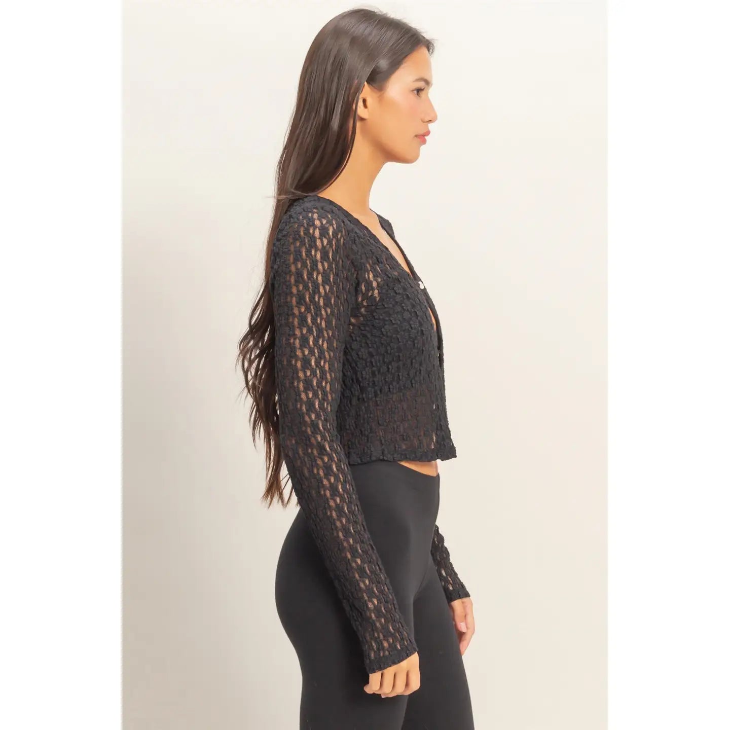 Pearl Button Sheer Lace Cardigan Top