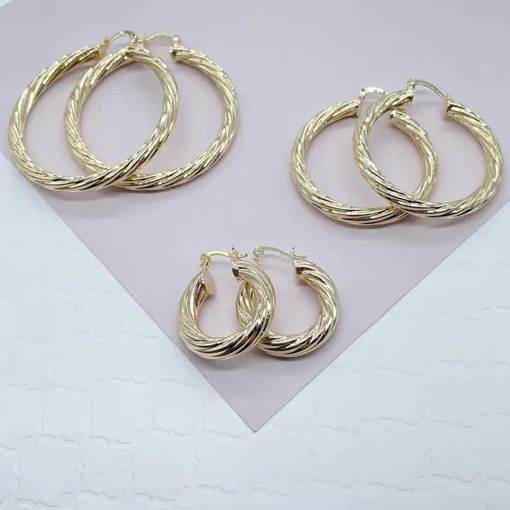 18k Gold Filled Hollow Italian Twist 5mm Thick Hoop Earrings, Gold Shiny Twisted