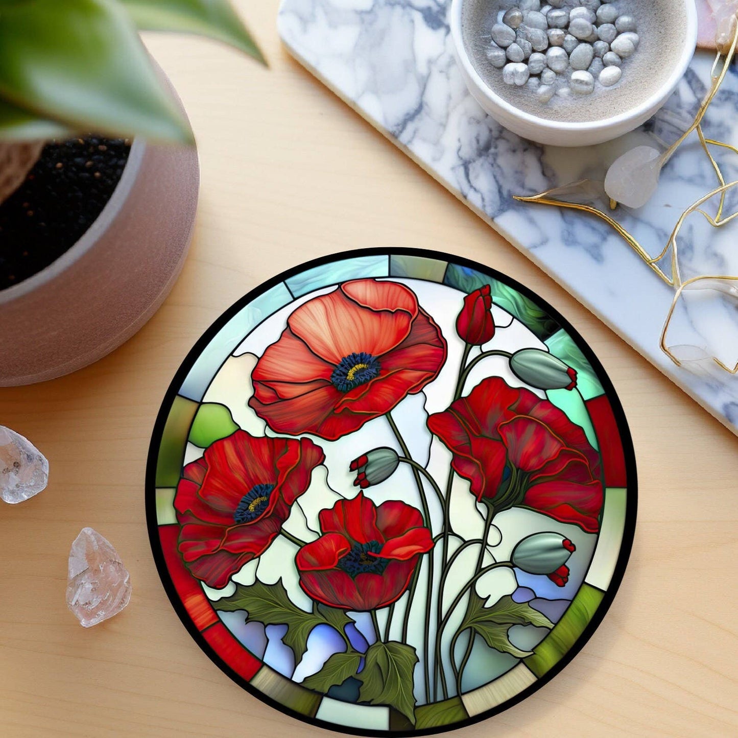 Poppy Coaster, Garden Lover Gift, Floral Nature Home Decor: 3.6 Inch Glossy