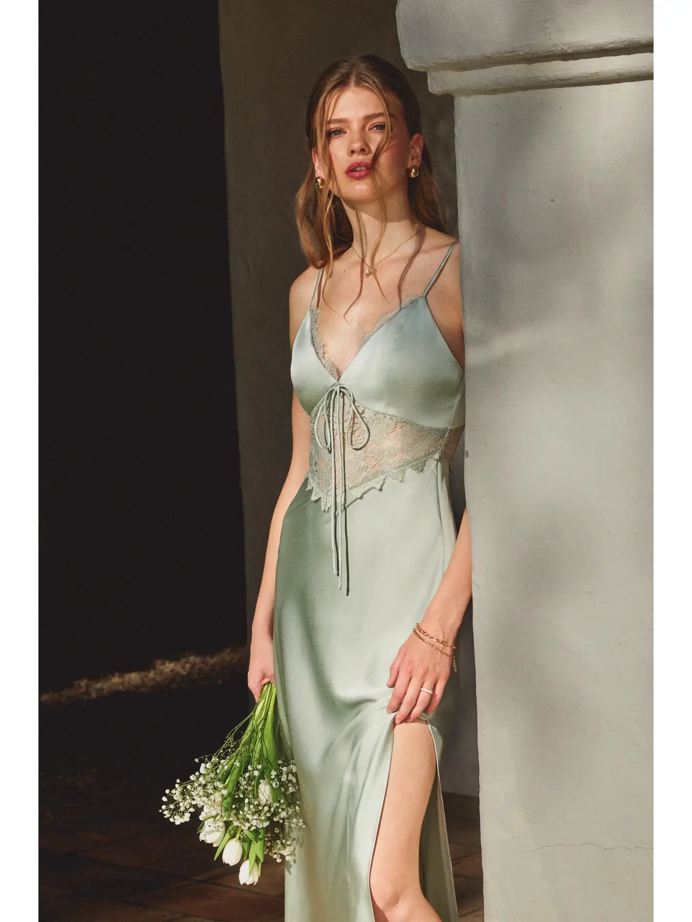 Dull Satin Lace Detail Maxi Dress