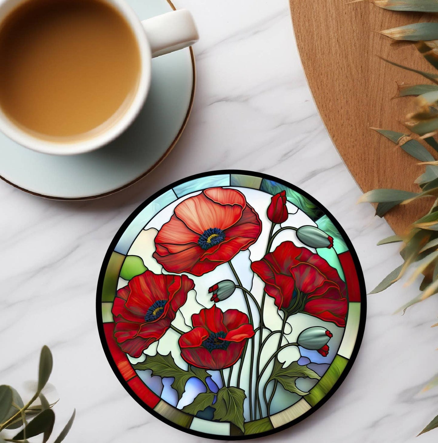 Poppy Coaster, Garden Lover Gift, Floral Nature Home Decor: 3.6 Inch Glossy