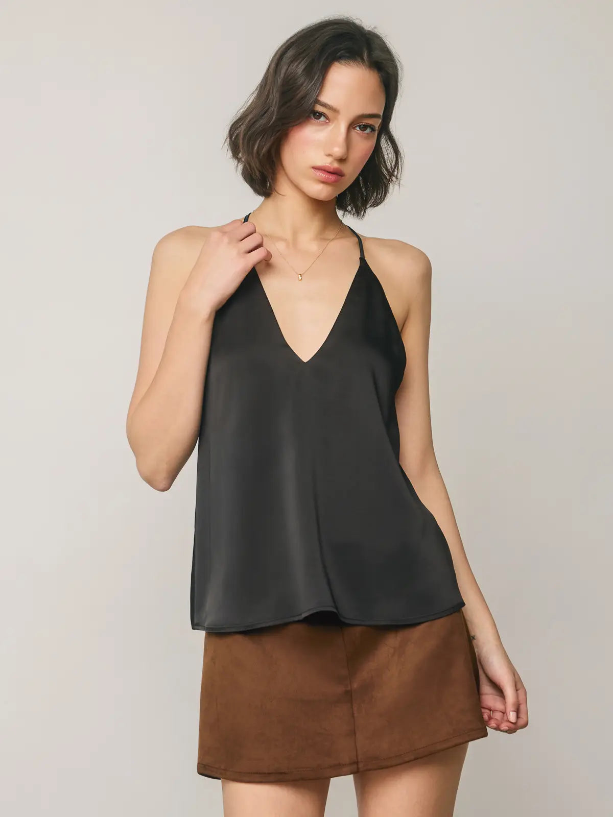 Satin Deep V Flared Top