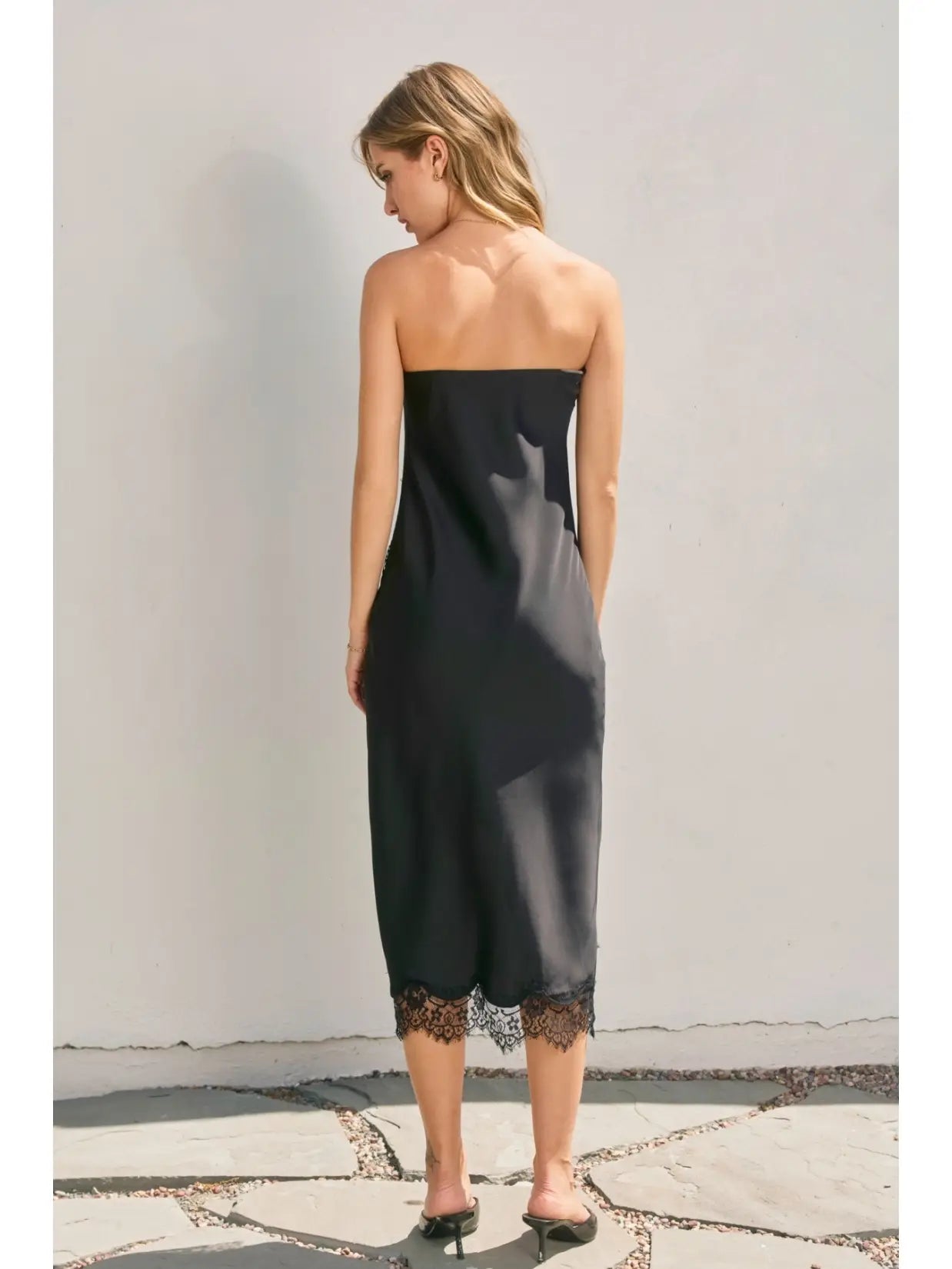 Dull Satin Strapless Lace Hem Midi Dress