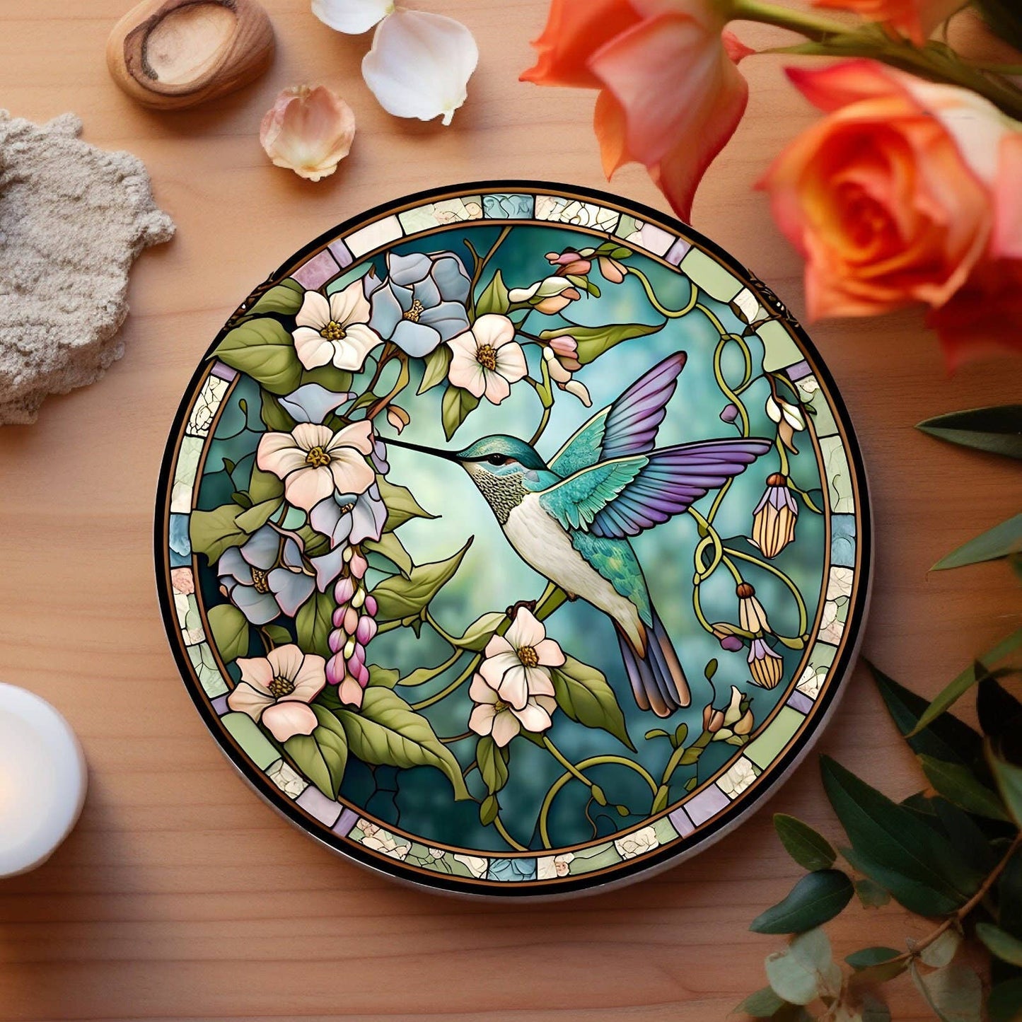 Hummingbird Faux Stained Glass Ceramic Coaster Eco-Friendly: 3.6 Inch Glossy