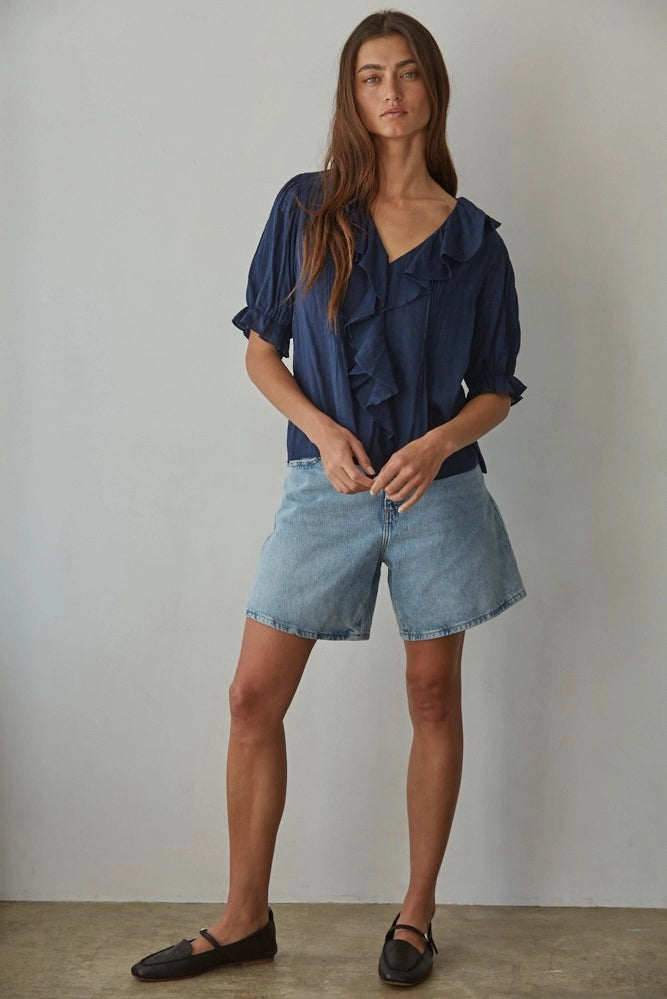 Katie Woven Cotton Button Down V-Neck Top