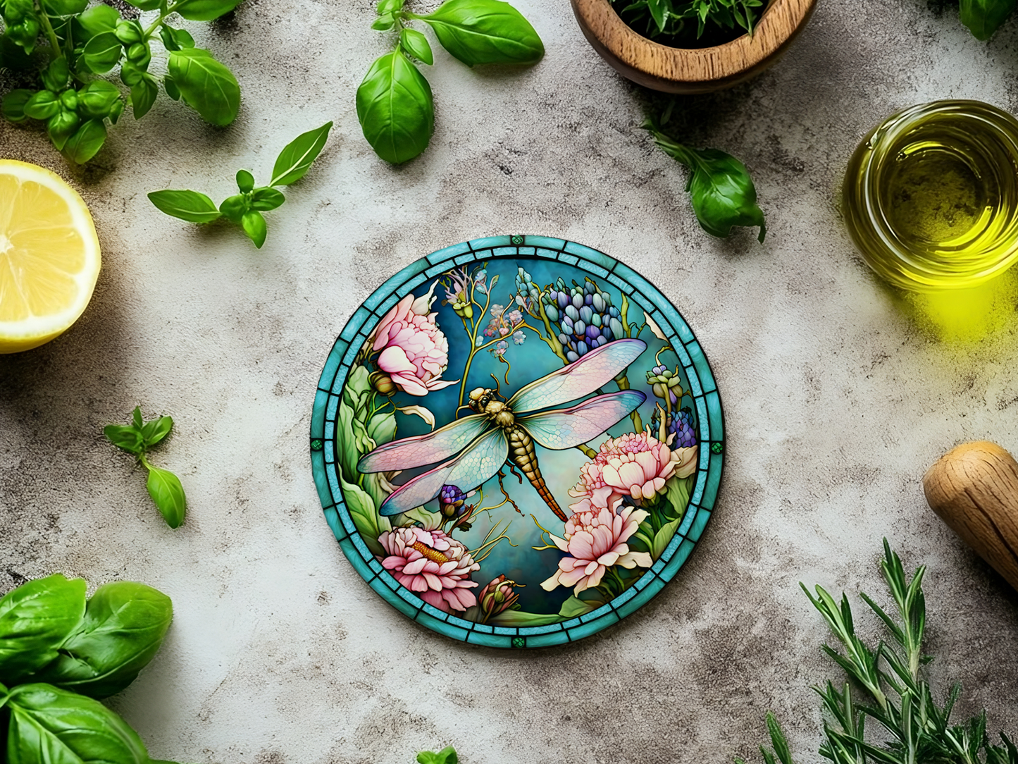 Dragonfly Coaster with Pink Flower for Coffee Table Decor: 3.6 Inch Glossy