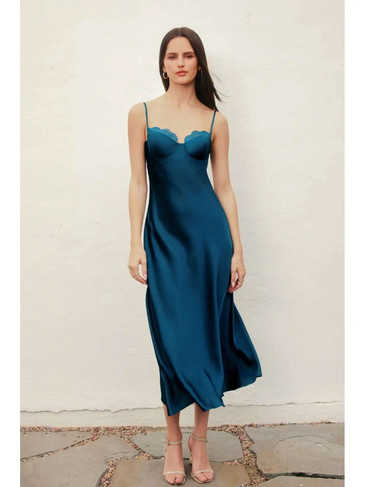 Satin Lace Trim Slip Midi Dress