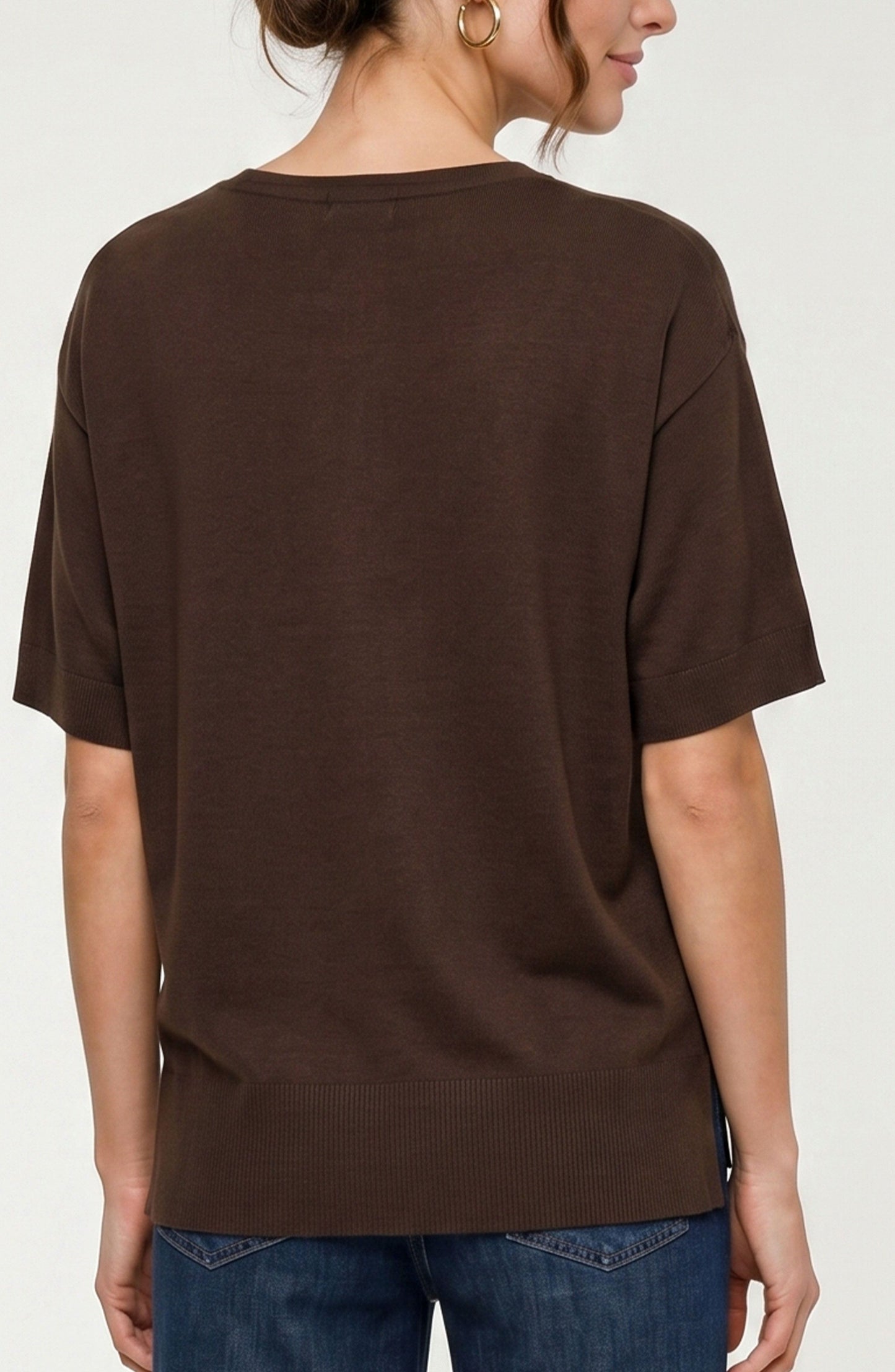 Short Sleeve V-Neck Dolman Popover Sweater w/Step Hem