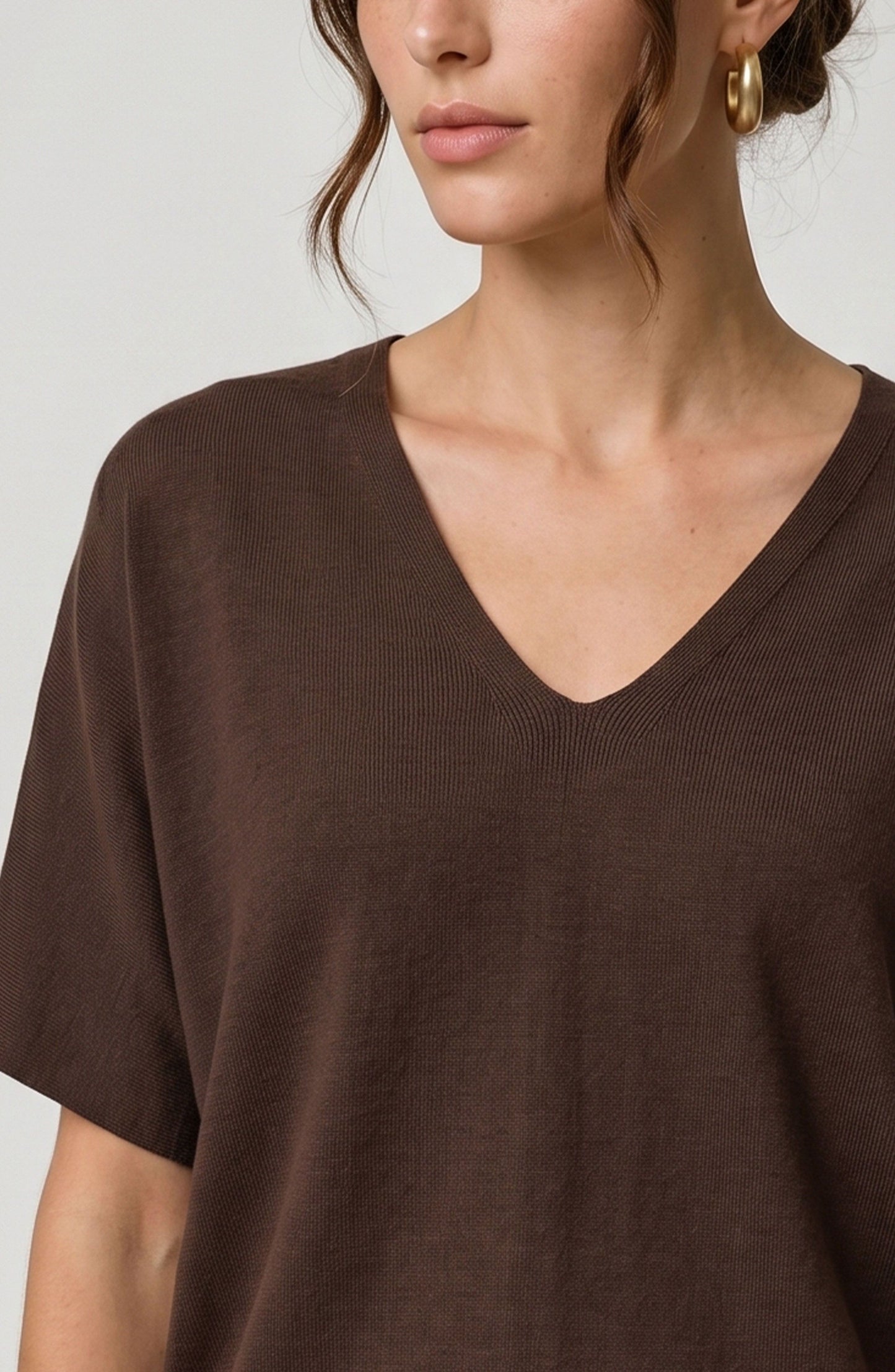 Short Sleeve V-Neck Dolman Popover Sweater w/Step Hem