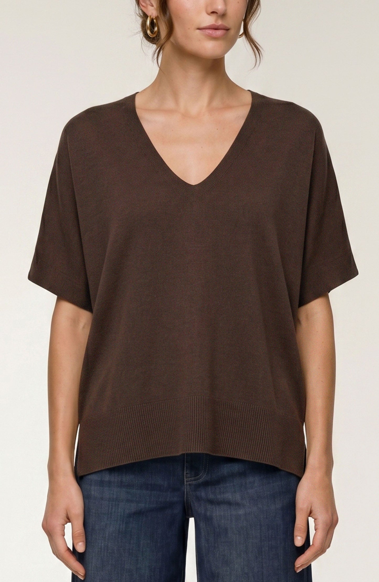 Short Sleeve V-Neck Dolman Popover Sweater w/Step Hem