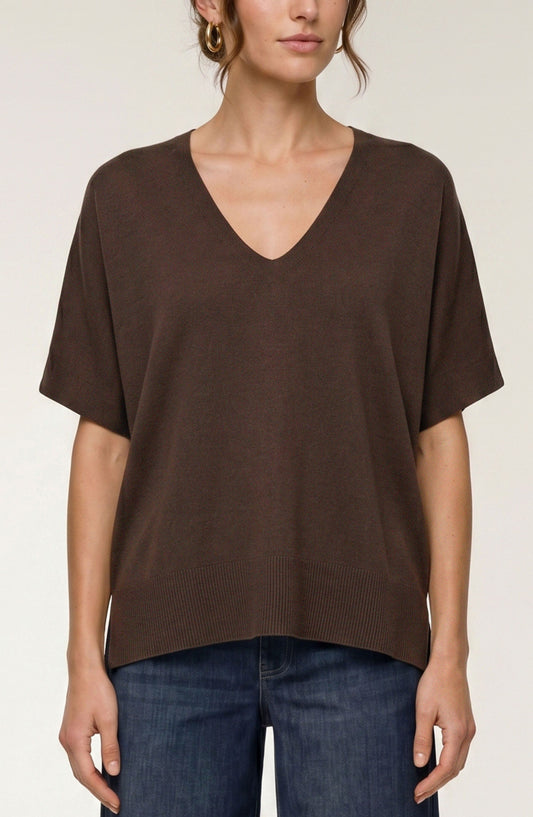 Short Sleeve V-Neck Dolman Popover Sweater w/Step Hem