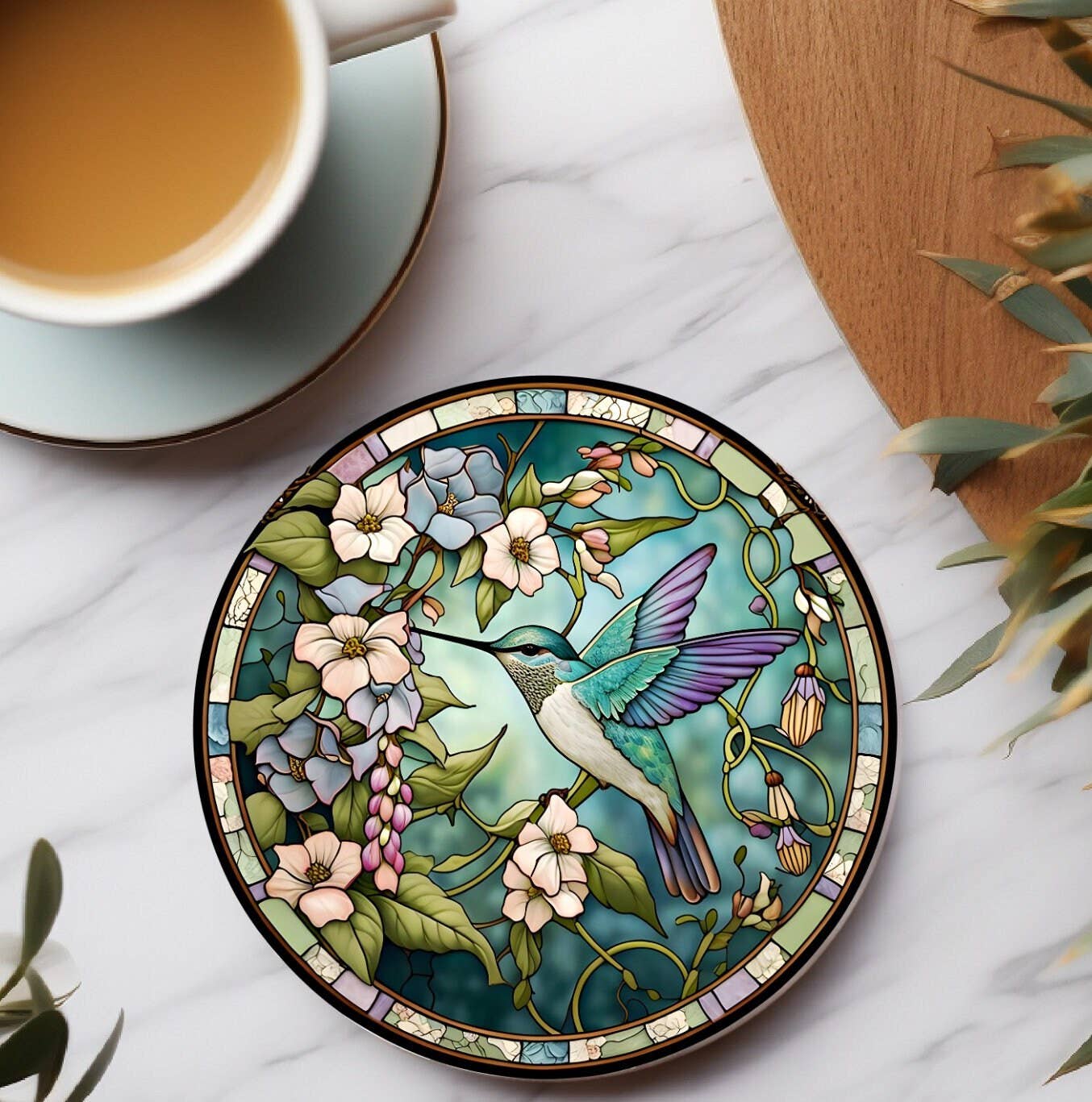 Hummingbird Faux Stained Glass Ceramic Coaster Eco-Friendly: 3.6 Inch Glossy