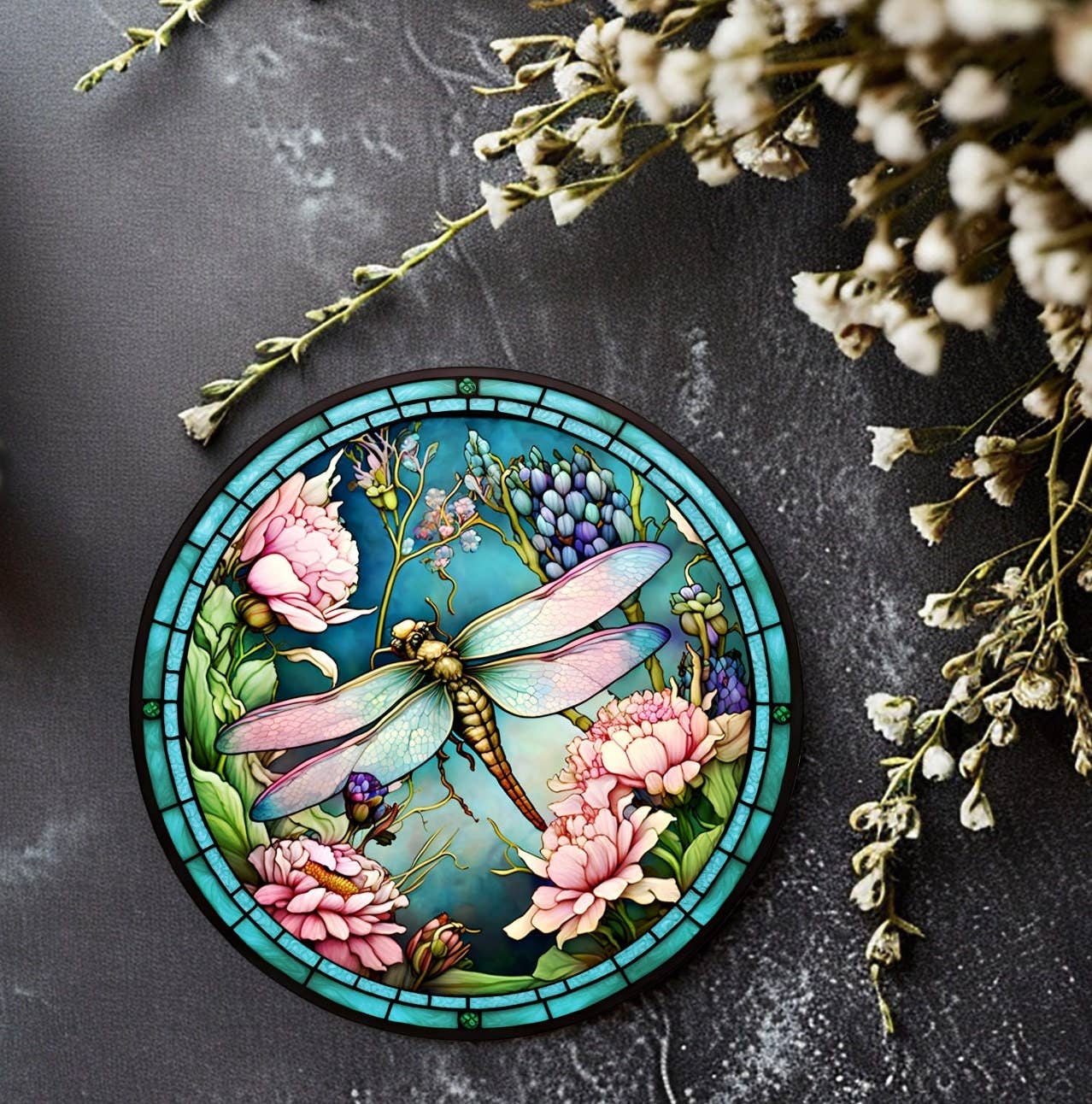 Dragonfly Coaster with Pink Flower for Coffee Table Decor: 3.6 Inch Glossy