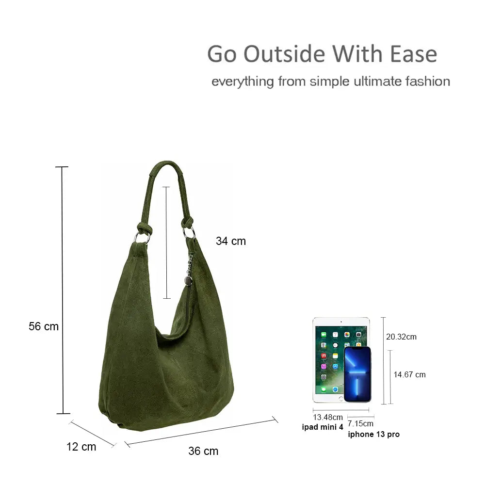 Large Slouchy Italian Suede Leather Hobo Tote Bag