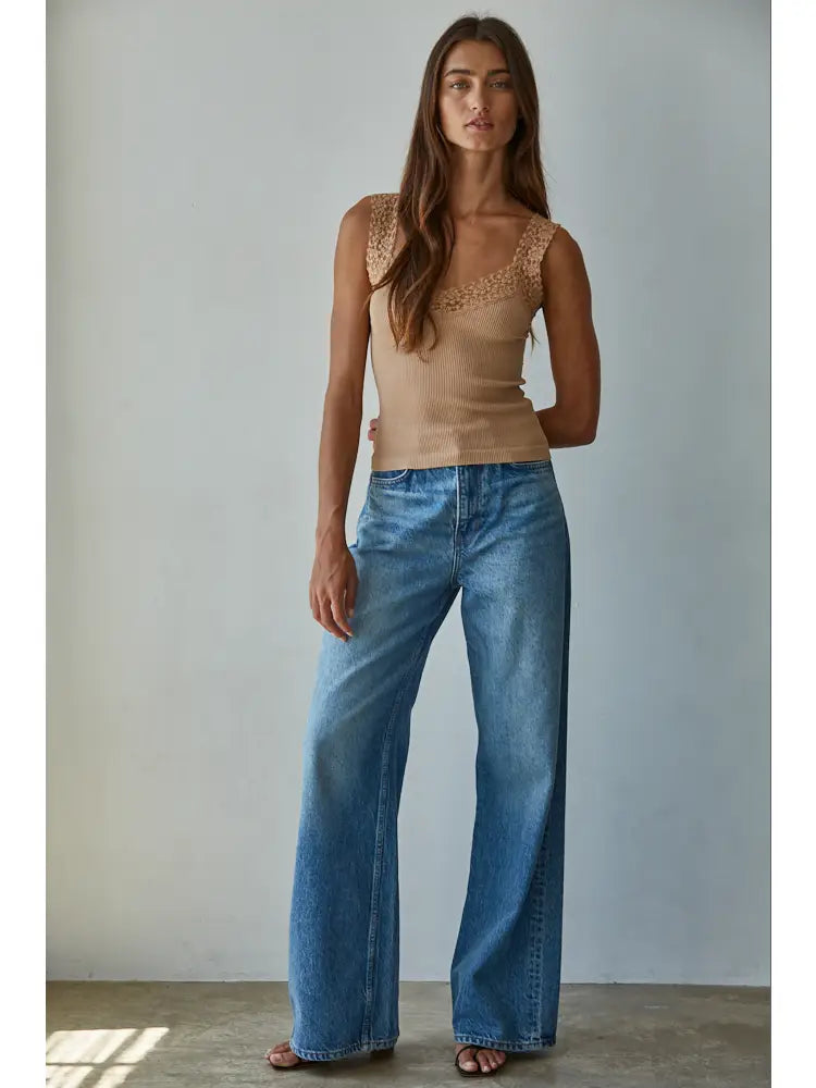 Lucy Knit Seamless Ribbed Tank Top with Lace Trim