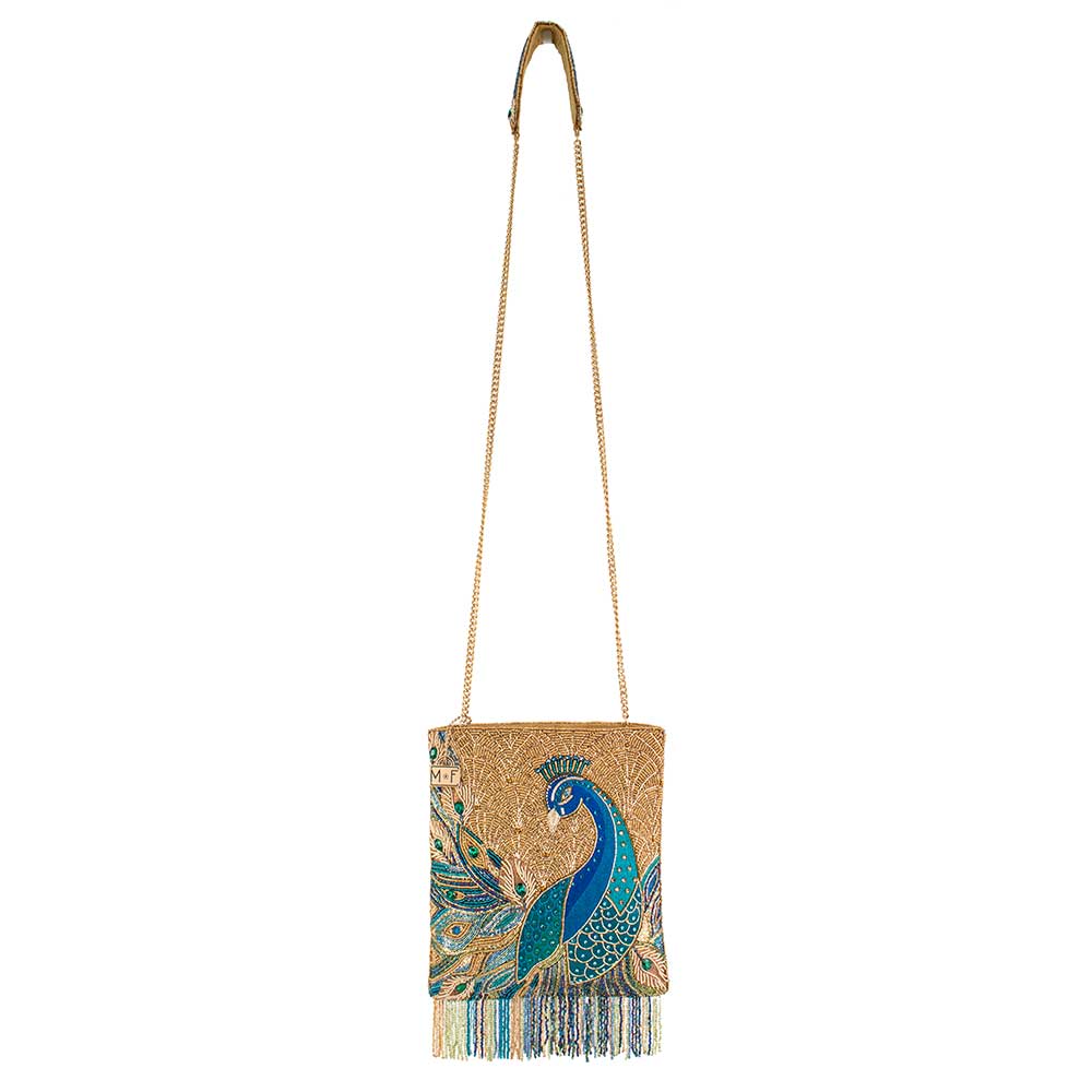 Peacock Feathers Beaded Blue Peacock Crossbody Handbag