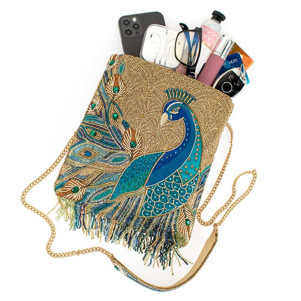Peacock Feathers Beaded Blue Peacock Crossbody Handbag