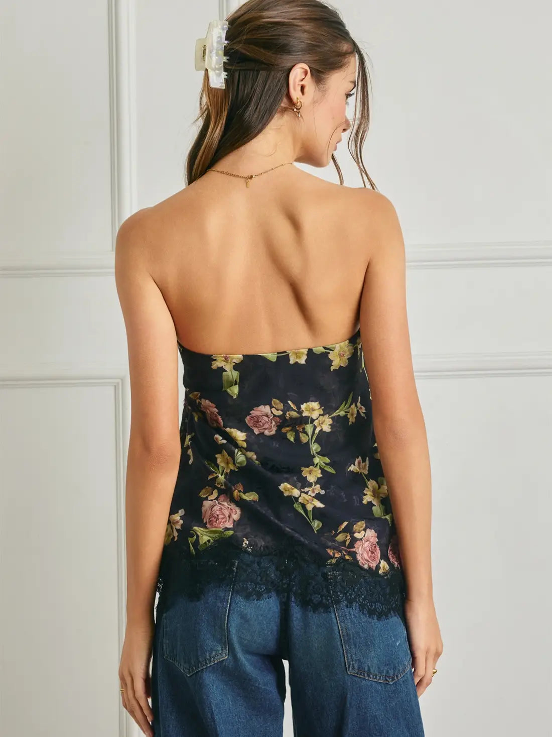 Floral Asymmetrical Lace Hem Tube Top