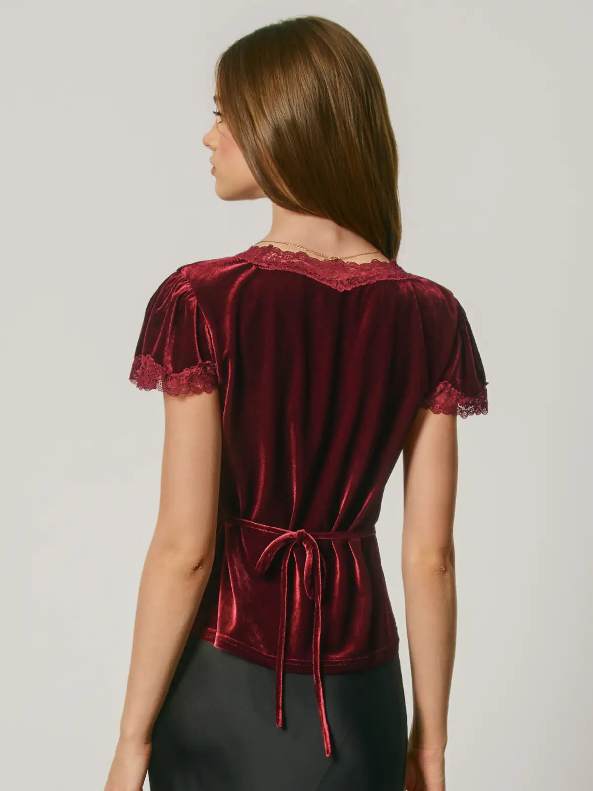 Velvet Lace Trim Short Sleeve Top
