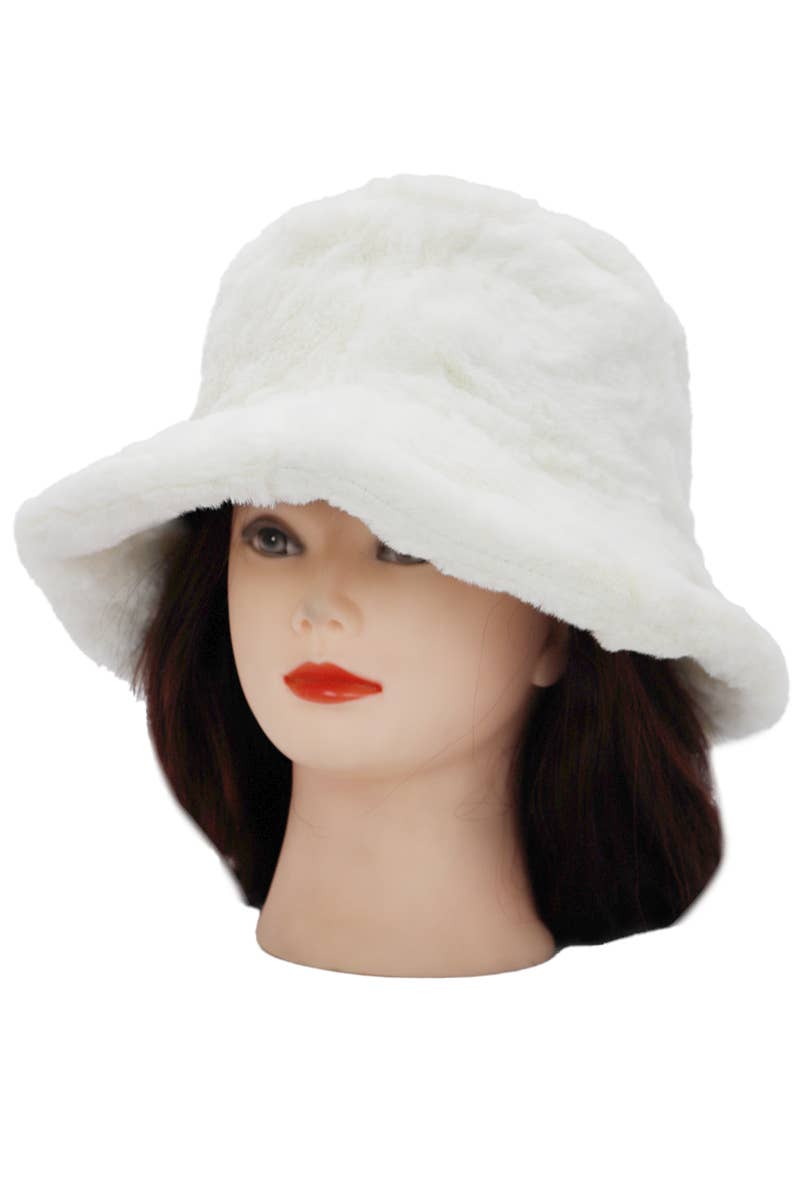 Solid Faux Fur Bucket Hat - Diamond Quilted Fabric