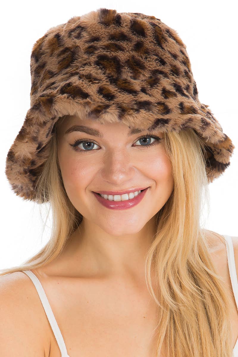 Leopard Print Fuzzy Faux Fur Fluffy Bucket Hat