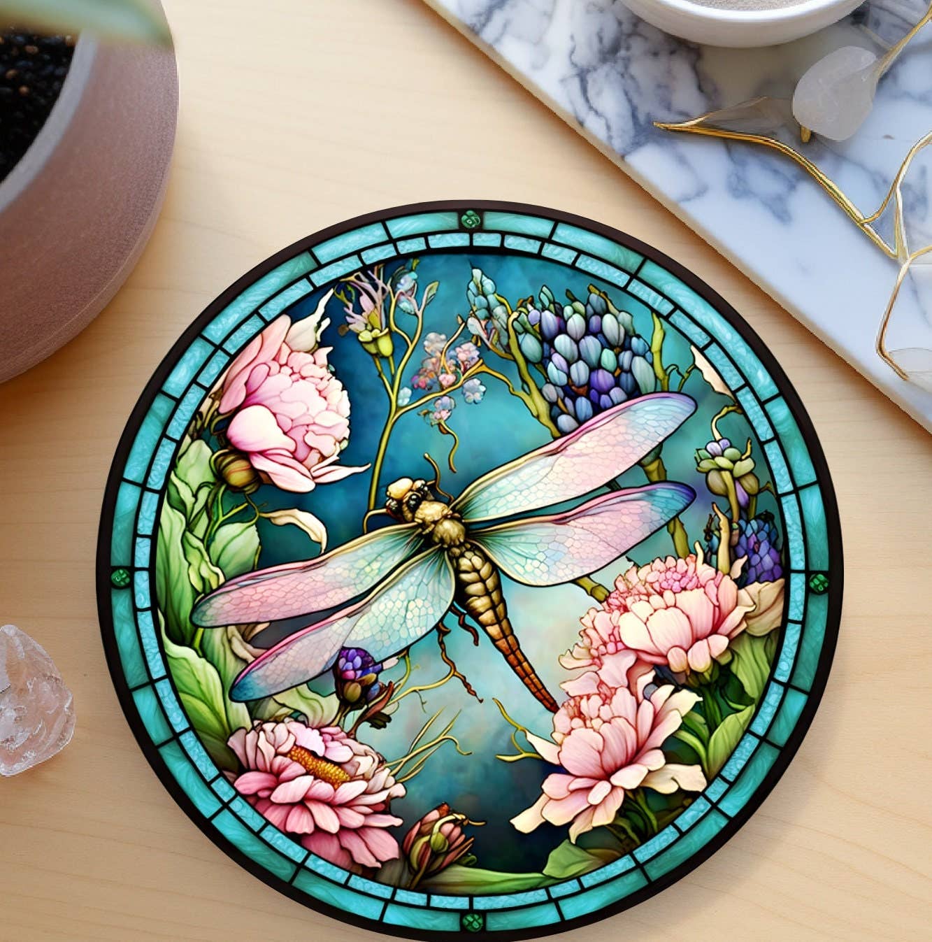 Dragonfly Coaster with Pink Flower for Coffee Table Decor: 3.6 Inch Glossy