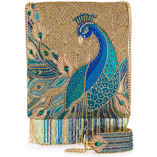 Peacock Feathers Beaded Blue Peacock Crossbody Handbag