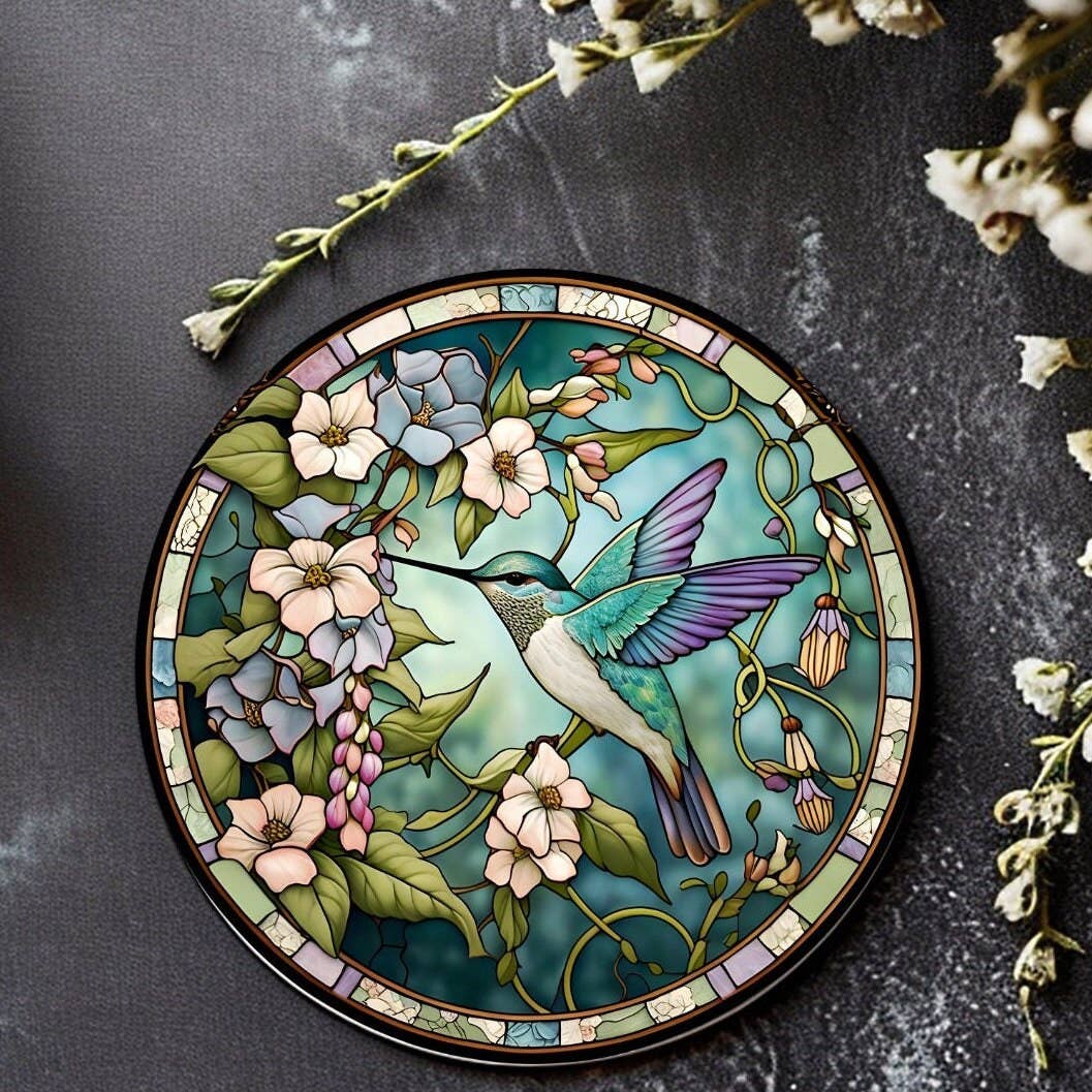 Hummingbird Faux Stained Glass Ceramic Coaster Eco-Friendly: 3.6 Inch Glossy